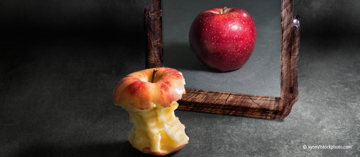 Foto eines stark angegessenen Apfels vor einem Spiegel. Im Spiegelbild sieht man einen vollständigen Apfel. Der Hintergrund ist recht dunkel.