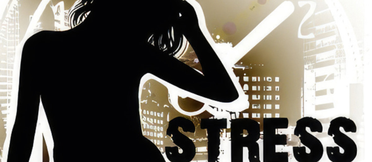 Illustration für STRESS – bestehend aus einer schwarzen Frauenfigur im Vordergrund, dem Wort Stress, einer weißen Uhr und urbanen Gebäuden vor goldbraunem Hintergrund.