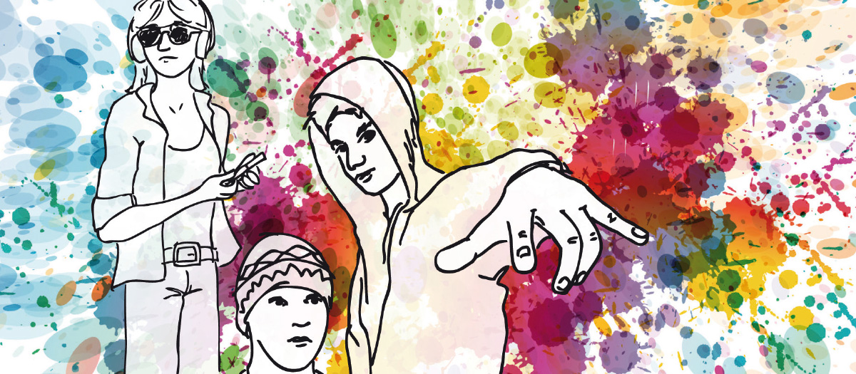 Illustration für das Präventionsprojekt Gewaltig. Im Vordergrund sieht man drei Jugendliche in Form einer Strichzeichnung – zwei Jungen und ein Mädchen. Im Hintergrund sind viele Farbkleckse in verschiedenen Farben zu sehen.